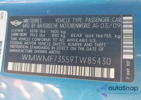 2009 Mini Cooper S z USA, uszkodzony, nr VIN WMWMF73559TW85430